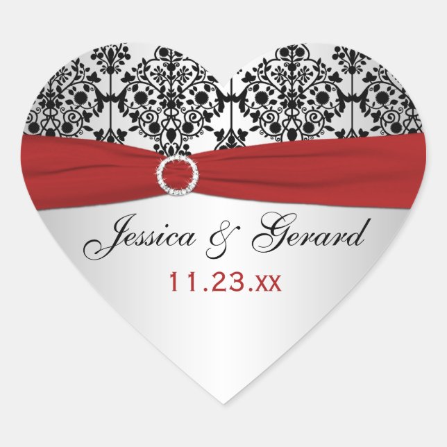 Red, Grey, and Black Damask Wedding Favour Sticker (Front)