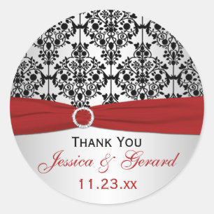 Red, Grey, and Black Damask Wedding Favour Sticker