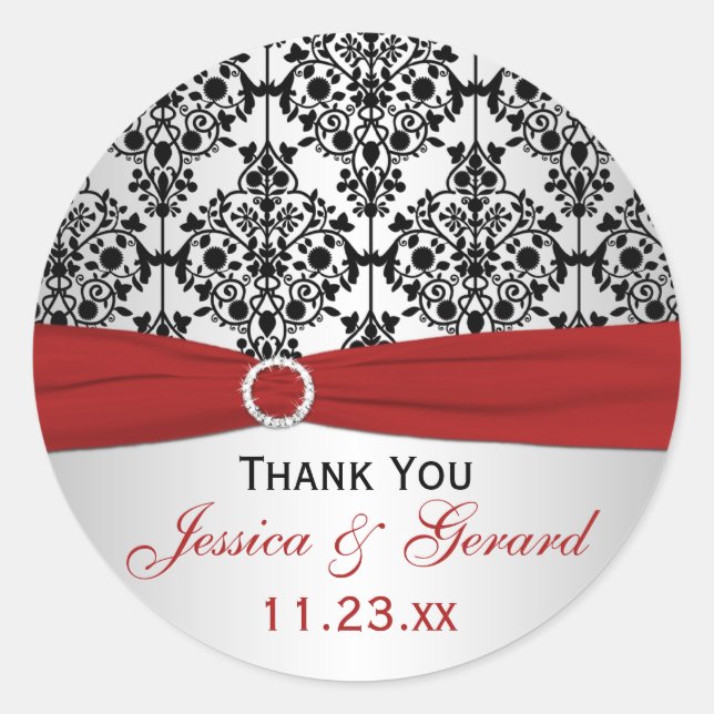 Red, Grey, and Black Damask Wedding Favour Sticker (Front)