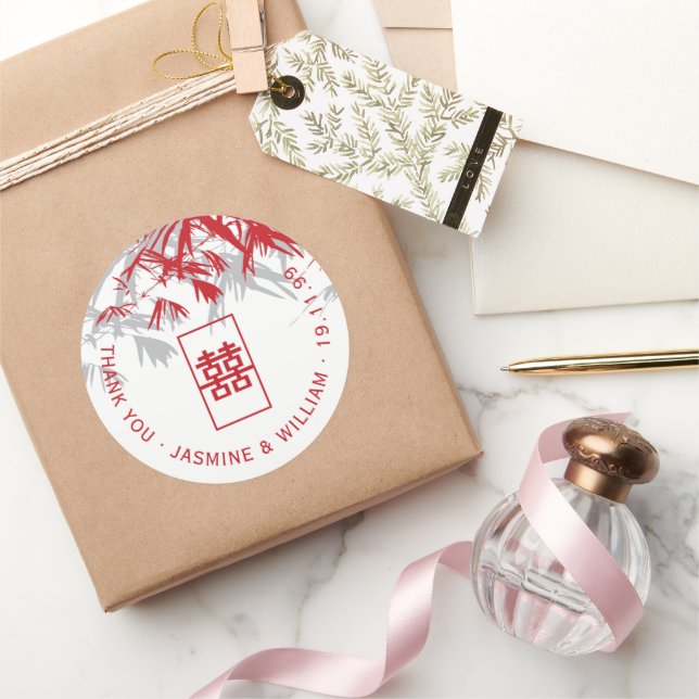 Red & Grey Bamboo Leaves Shuang Xi Chinese Wedding Classic Round Sticker (Gifting)