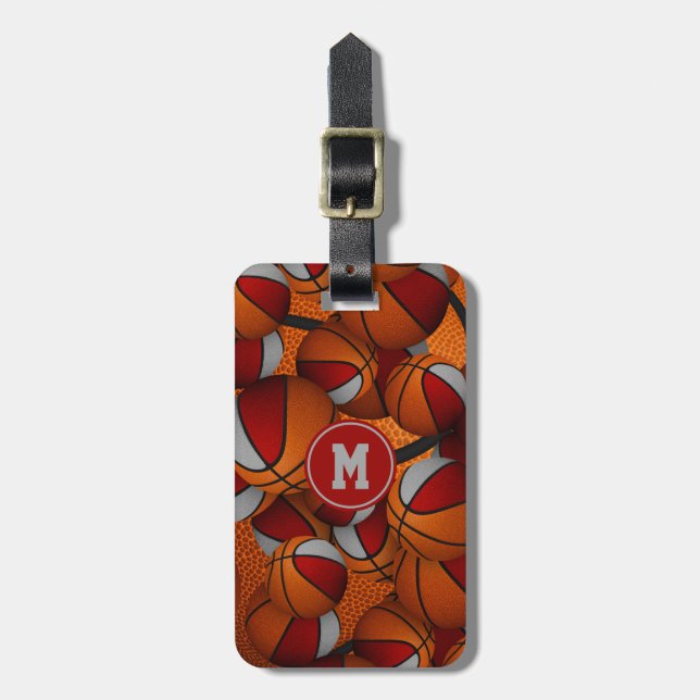 red grey basketballs pattern team colours luggage tag (Front Vertical)