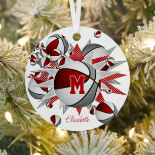 red grey basketballs stars girls keepsake year metal ornament