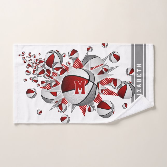 red grey basketballs stars girls monogrammed hand towel (Hand Towel)