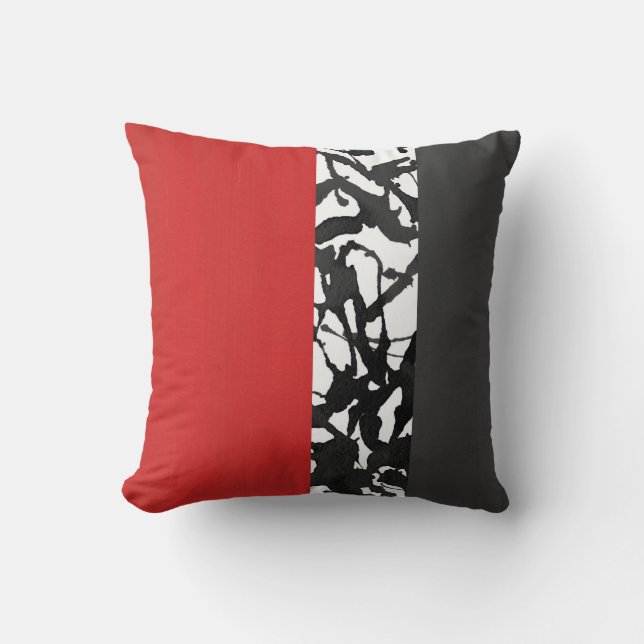 Red Grey Black and White Abstract Modern Throw Pillow (Front)