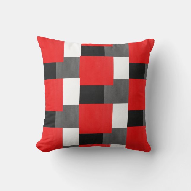 Red Grey Black and White Geometric Block Pattern Throw Pillow (Front)