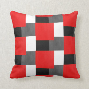 Red Grey Black and White Geometric Block Pattern Throw Pillow