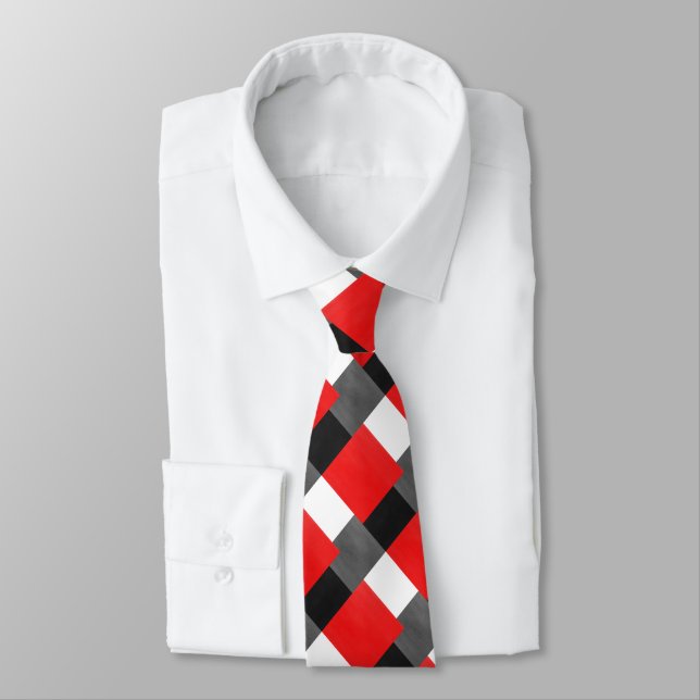 Red Grey Black and White Geometric Colour Block Tie (Tied)