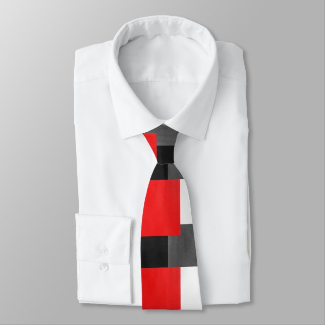 Red Grey Black and White Geometric  Colour Block Tie (Tied)