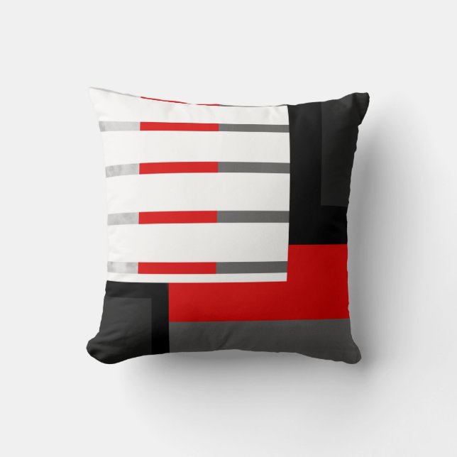 Red Grey Black and White Striped Block Throw Pillow (Front)