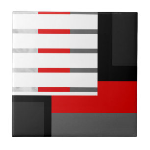 Red Grey Black and White Striped Geometric Block Tile