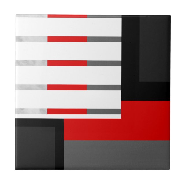 Red Grey Black and White Striped Geometric Block Tile (Front)