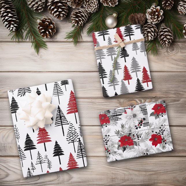 Red Grey Black Christmas Tree Pattern Wrapping Paper Sheet (Creator Uploaded)