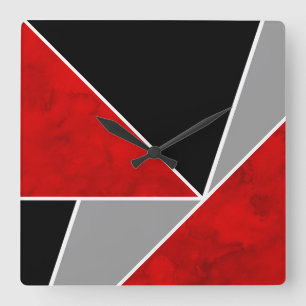 Red Grey Black Colour Block Square Wall Clock