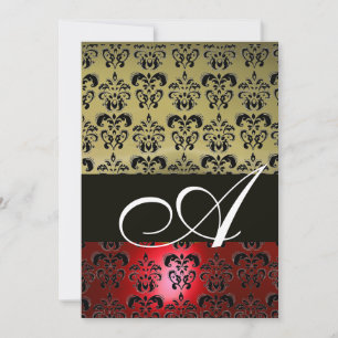 RED GREY BLACK  DAMASK MONOGRAM ,bright white Invitation
