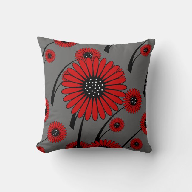 Red Grey Black Floral Flowers Throw Pillow (Front)