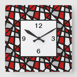 Red Grey Black Geometric Pattern Square Wall Clock