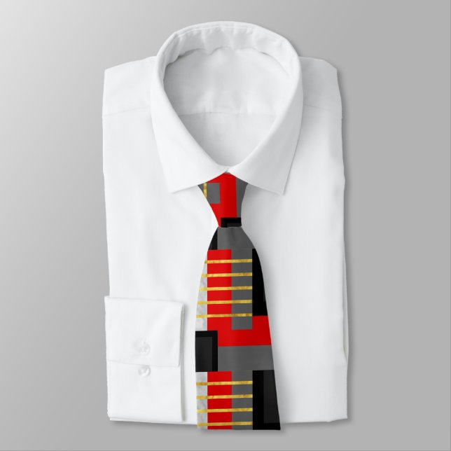 Red Grey Black Gold Colour Block Tie (Tied)