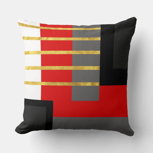 Red Grey Black Gold White Striped Block Throw Pill Pillow (Front)