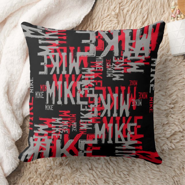 Red Grey Black pattern of Names Cool Modern Throw Pillow (Blanket)