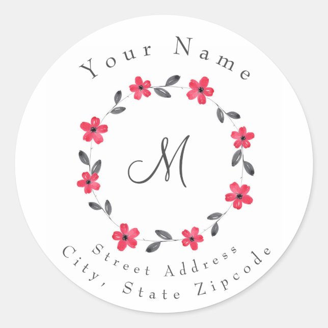 'Red Grey Black Watercolor Floral Wreath'  Label (Front)