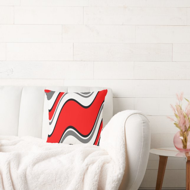 Red Grey Black White Abstract Waves Throw Pillow (Couch)