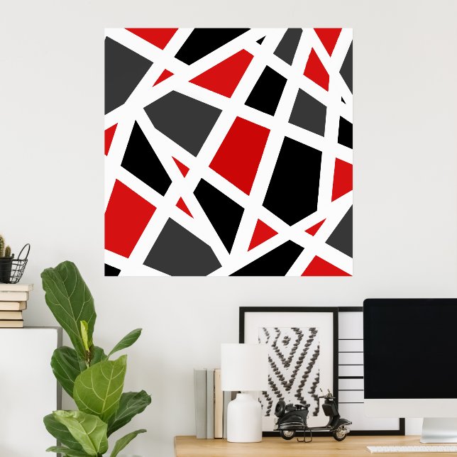 Red Grey Black White Geometric Poster (Home Office)