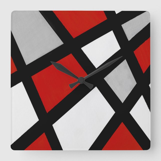 Red grey Black White Geometric Square Wall Clock (Front)