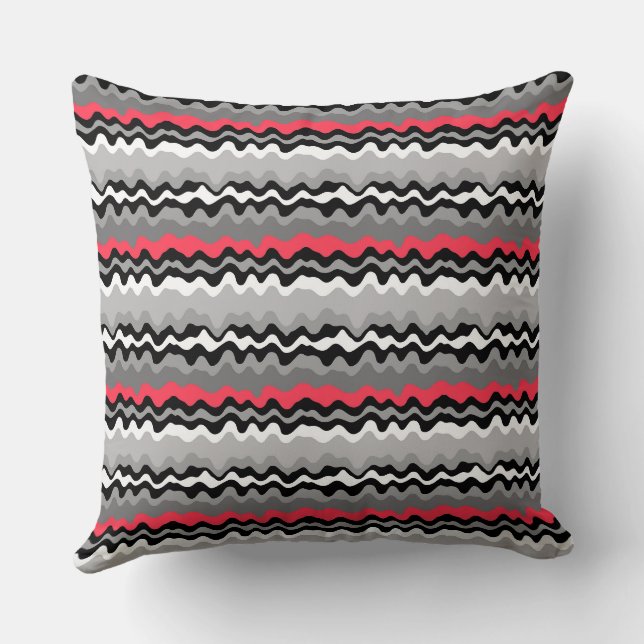 Red grey black white horizontal wavy stripes retro throw pillow (Back)