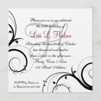 Red Grey Black White Swirls 50th Birthday Invitation