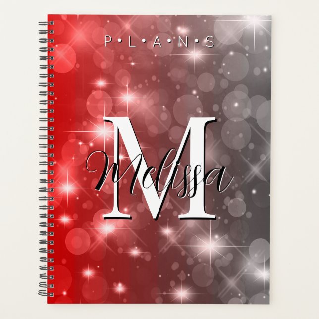 Red & Grey Bokeh Modern Monogram Sparkle Planner (Front)