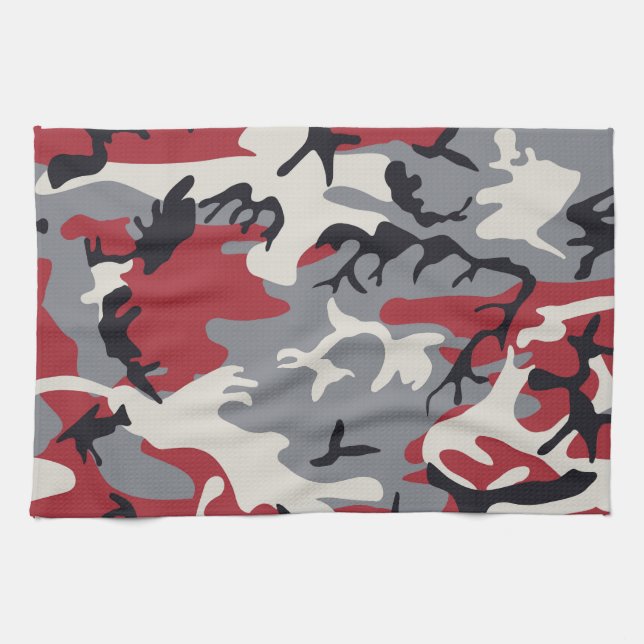 Red Grey Camo Camouflage Pattern Kitchen Towel (Horizontal)