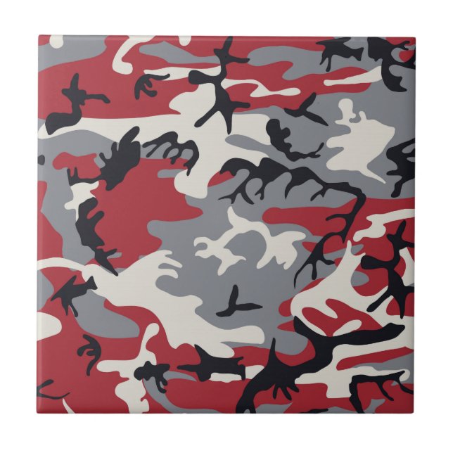 Red Grey Camo Camouflage Pattern Tile (Front)