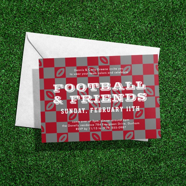 Red Grey Chequerboard Football Game Watch Party Invitation (Creator Uploaded)