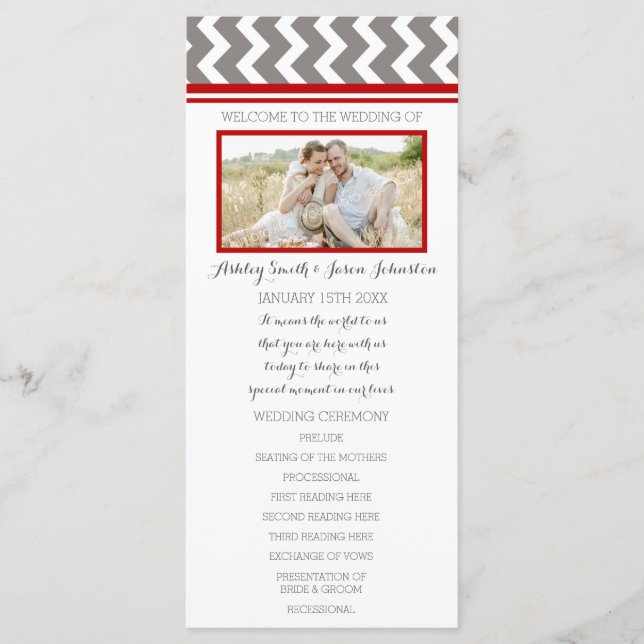 Red Grey Chevron Photo Wedding Program (Front)