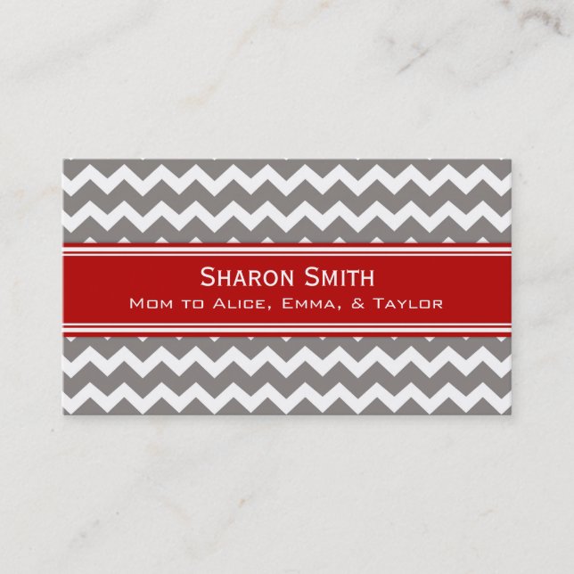 Red Grey Chevron Retro Mom Calling Cards (Front)