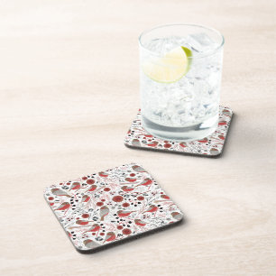 Red Grey Chickadees Pattern With Floral Coaster