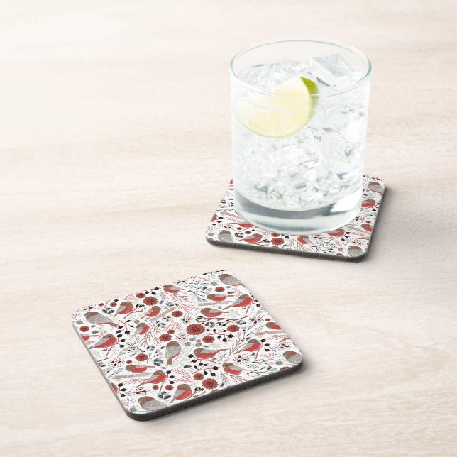 Red Grey Chickadees Pattern With Floral Coaster (Right Side)