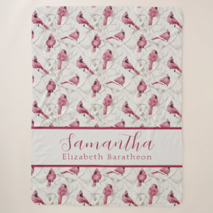Red Grey Christmas Cardinal Bird Personalized Name Sherpa Blanket