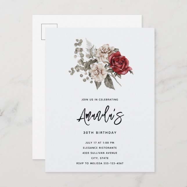  Red Grey & Cream Boho Flower Bouquet Birthday Invitation Postcard (Front/Back)