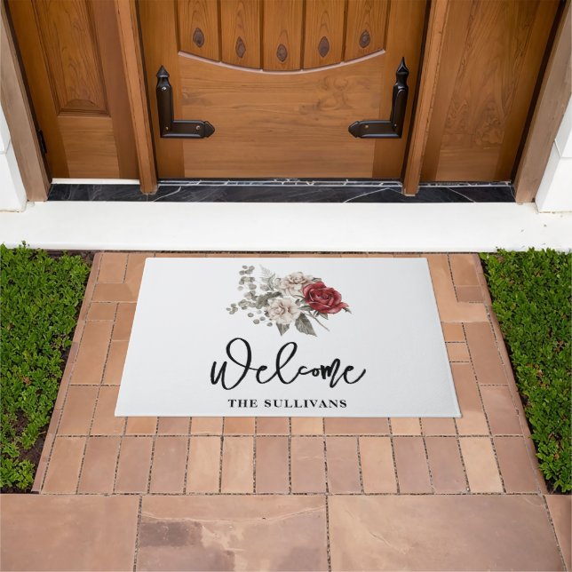 Red Grey & Cream Boho Flower Bouquet Doormat (Outdoor)