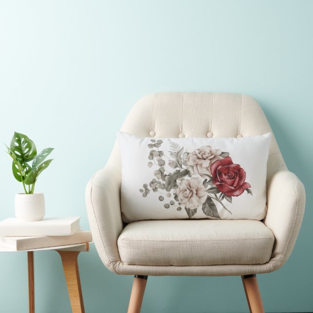 Red Grey & Cream Boho Flower Bouquet Lumbar Pillow (Chair)