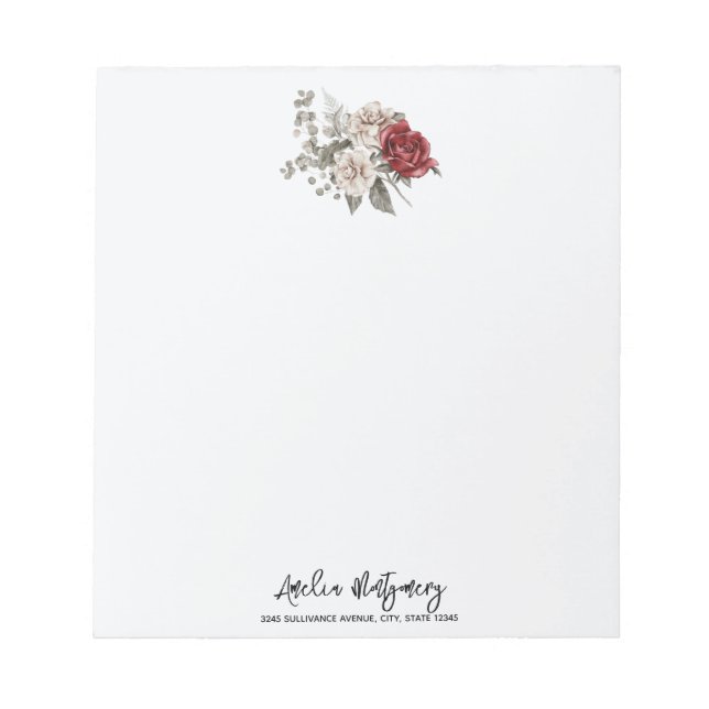  Red Grey & Cream Boho Flower Bouquet Notepad (Front)