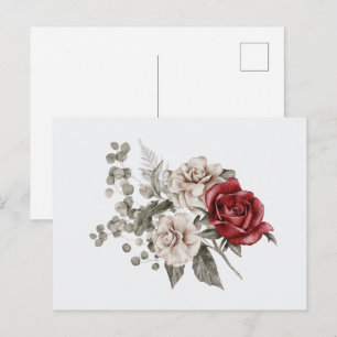Red Grey & Cream Boho Flower Bouquet Postcard