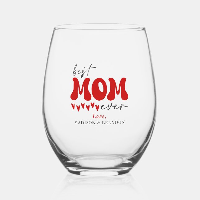 Red Grey Cute Best Mom Ever Stemless Wine Glass (Front)