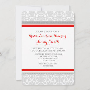 Red Grey Damask Bridal Lunch Invitation Cards