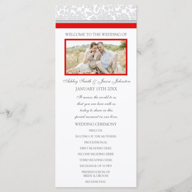 Red Grey Damask Photo Wedding Program (Front)