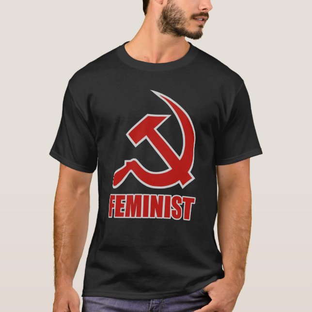 Red & Grey Feminist Hammer & Sickle on Black T-Shirt (Front)