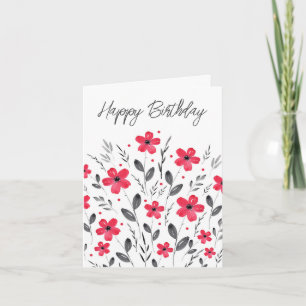 Red Grey Five Petal Watercolor Floral Motif Card