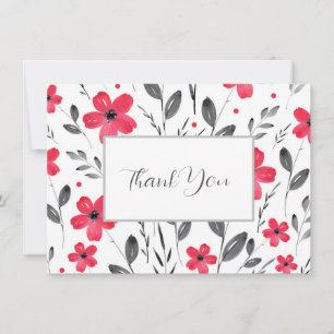 Red Grey Five Petal Watercolor Floral Motif Thank You Card
