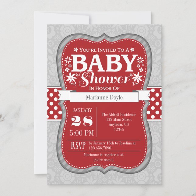 Red Grey Floral Flower Baby Shower Invitation (Front)